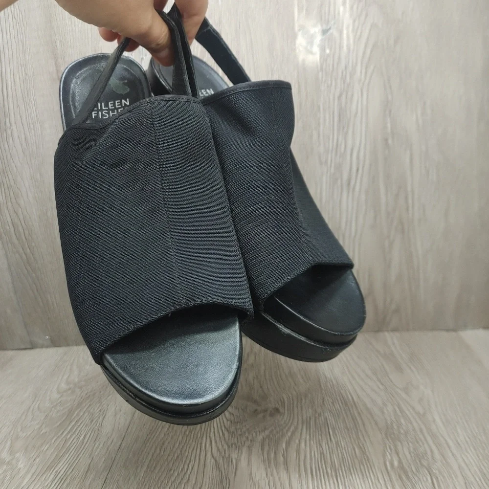Eileen‎ Fisher Sandal Platform Comfort Stretch Port Open Toe Wedge 6 black